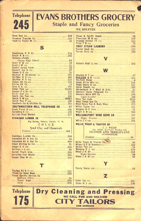 phone book page. Odessa Phonebook page 4 1934 Odessa Phone book page 4. Courtesy: Texana Ranch middot; Thank you, Robert McSpadden