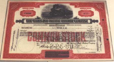Stock certificate exhibited in the Monahans Sand Hills State Park
